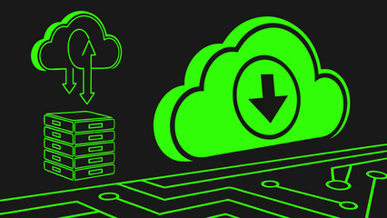 Poster - Cloud computing data storage and network server with download and upload green neon vector illustration