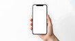© nugrohoiif - Hand holding a smartphone with a blank white screen, isolated on a white background.