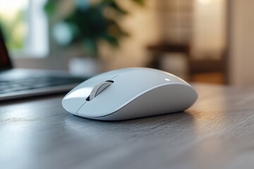 Poster - A white computer mouse sits on a wooden table