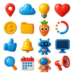 Leinwandbilder - Collection of colorful 3d cartoon icons representing technology and communication concepts