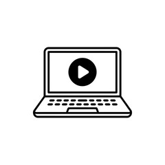 Poster - Simple black and white line art icon of a laptop displaying a play button symbol