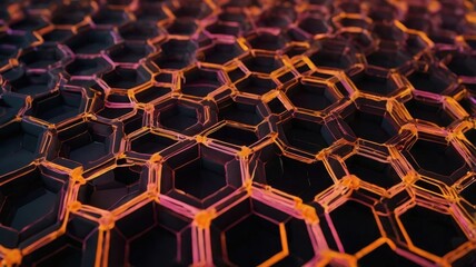 Leinwandbilder - Abstract render of a dark surface with a network of glowing orange hexagonal shapes pattern design