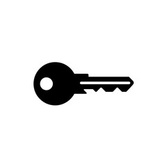 Poster - Simple black silhouette of a single house key with a circular head and a notched bit on a white background