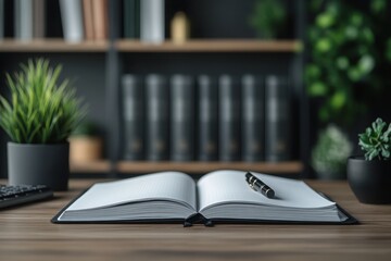 Poster - A book is open on a desk with a pen on top of it