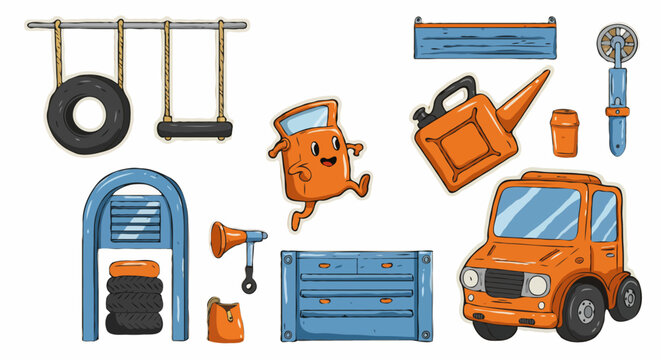 Whimsical graphic collection of maintenance and transportation items in a bright orange and teal color scheme on a plain background with text area.