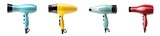 Four colorful hair dryers isolated on transparent background.