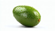 © Guaripuna - A single, fresh green avocado, glistening with water droplets, isolated on white.