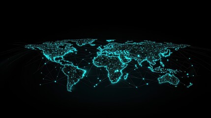 Poster - Global Network Nodes Connection Interconnected nodes forming a global network across a world map, visualizing global communication and data exchange