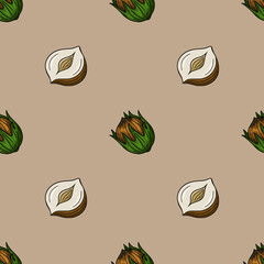 Poster - Seamless vector pattern of hazelnuts in shell and shelled, with a neutral beige background, showcasing detailed hand-drawn style illustrations of the nuts.