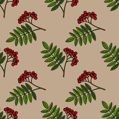 Poster - Seamless vector pattern of rowan branches with red berries and green leaves on a beige background, ideal for autumnal designs and textile prints.