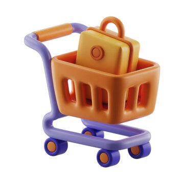 A 3d rendered shopping cart with a colorful suitcase inside isolated on transparent background