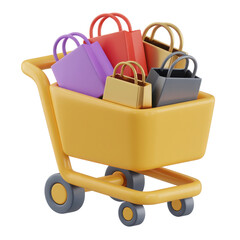 Fototapete - Bright yellow shopping cart filled with colorful paper bags isolated on transparent background