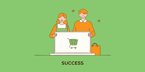 Fototapete - A creative couple graphic using a laptop for online shopping, ideal for e-commerce, business presentations, or digital marketing success.