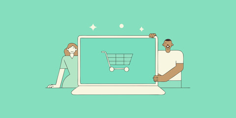 Fototapete - A minimal design displaying online shopping with a stylized laptop and shopping cart, perfect for e-commerce and retail graphics or user interface elements.