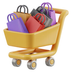 Fototapete - Bright yellow shopping cart filled with colorful paper bags isolated on transparent background