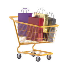 Fototapete - A bright yellow shopping cart filled with various colorful shopping bags isolated on transparent background