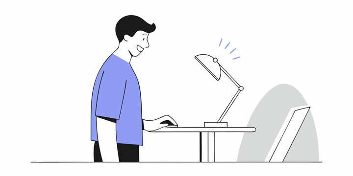Conceptual graphic of a person working at a standing desk with a lamp, suitable for workplace or ergonomic designs and content creation.