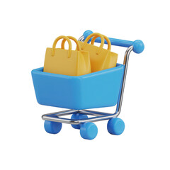 Fototapete - A bright blue shopping cart filled with two yellow shopping bags isolated on transparent background