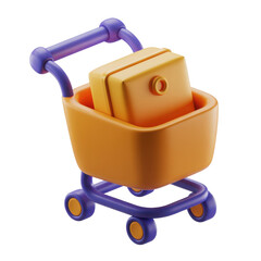 Fototapete - Stylized 3d shopping cart filled with an orange box and purple handle isolated on transparent background