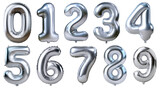 Set of shiny silver foil balloon numbers from zero to nine