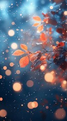 Poster - Falling Snow on Orange Leaves with Glowing Bokeh Lights