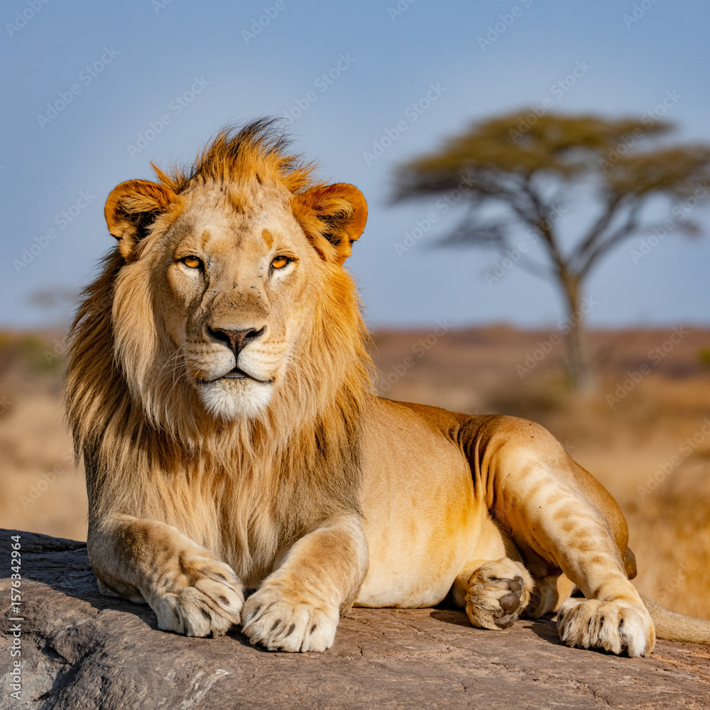 Majestic Male Lion Resting on Rock in African Savannah Stock Photo ...