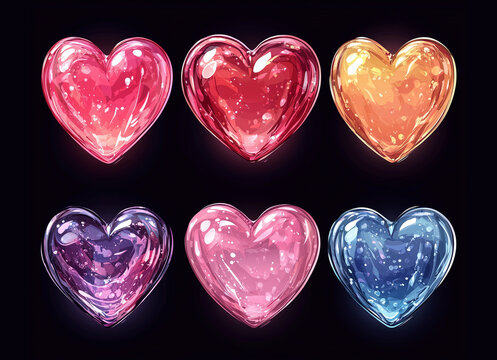 Transparent heart bubble burst sprites for computer or mobile video game, motion design or packaging design. Watercolor style illustration isolated on black background