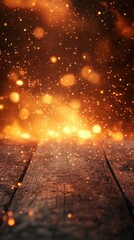 Poster - Glowing Festive Lights on Rustic Wood Tabletop Background