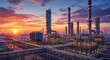 © suja - Sunrise Over Industrial Complex With Numerous Towers and Pipes