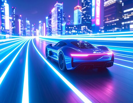 Futuristic city street with car