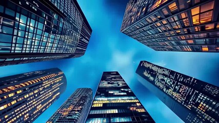 Poster - Night time lapse captures glowing skyscrapers and towers in Chicago's skyline, Night timelapse of towers and skyscrapers in Chicago