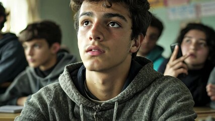 Poster - Male student actively engaging in a Latin classroom discussion, Latin students in the classroom Male student asking questions in class