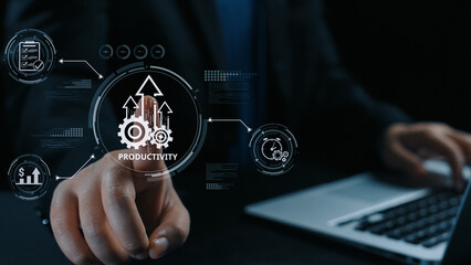 Poster - Productivity improvement in digital business, showing productivity tools, productivity tracking, productivity optimization, and workflow for business workplace efficiency. Elide