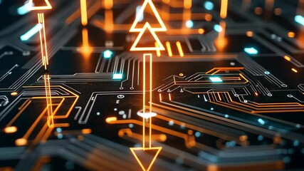 Poster - Intricate circuit board featuring glowing arrows in a dynamic neon setting, Vertical shot of a circuit board, with arrows pointing upwards, symbolizing growth and advancement