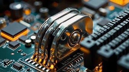 Poster - Secure tech scene shows combination padlock fastened to circuit board with glowing components, Secure tech scene combination padlock fastened to a motherboard, safeguarding data