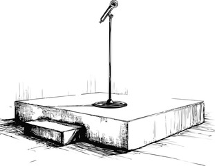 Microphone on empty stage with steps in black and white sketch. Vector illustration
