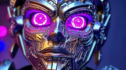 Poster - Closeup view of a metallic robotic face with glowing purple eyes illuminated at night, Close up of a robotic face with glowing purple eyes and intricate details