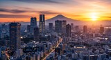 Majestic mount fuji overlooking tokyo s vibrant skyline at sunset with warm golden hour light