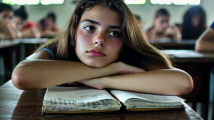 Poster - Female student resting her head on desk in a Latin class during a tiring school day, Latin students in the classroom female student tired in class