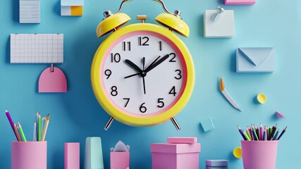 Poster - Effective time planning and project management setup with colorful stationery and a clock in a vibrant workspace, Project task management and effective time planning concept Minimal cartoony 3D render