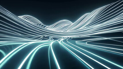 Poster - Futuristic rendering of flowing white and neon lines creating a surreal landscape, Futuristic 3d render of flowing white and neon lines on a dark background