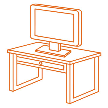 Orange computer monitor on a desk table drawer