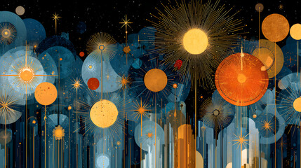 Poster - Modern Geometric Pattern with Circles, Stars, and Lines on a Dark Blue Background, Abstract Art Design