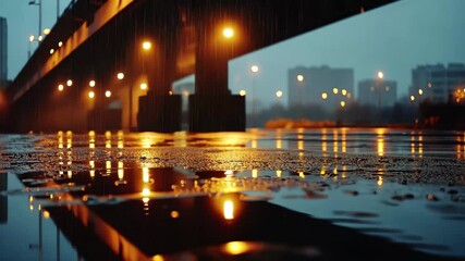 Poster - Rainy evening on a city bridge with glowing street lights and reflections, Rainy city bridge with reflections and streetlights, moody video background