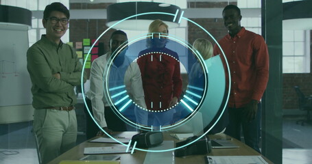 Poster - Standing professionals in business attire reviewing documents in meeting room, with VR headset