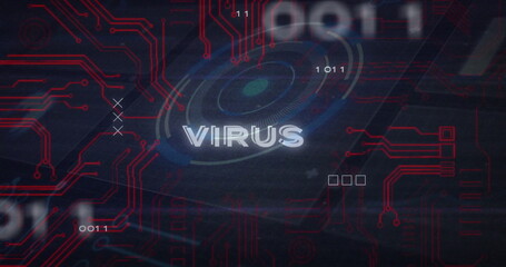 Aufkleber - Displaying central VIRUS text pulsing in dark UI with circular HUD, red circuits and binary digits