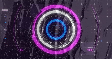 Fototapete - UI displaying concentric tri-color rings on dark screen, with reticle, plus markers, numeric scales
