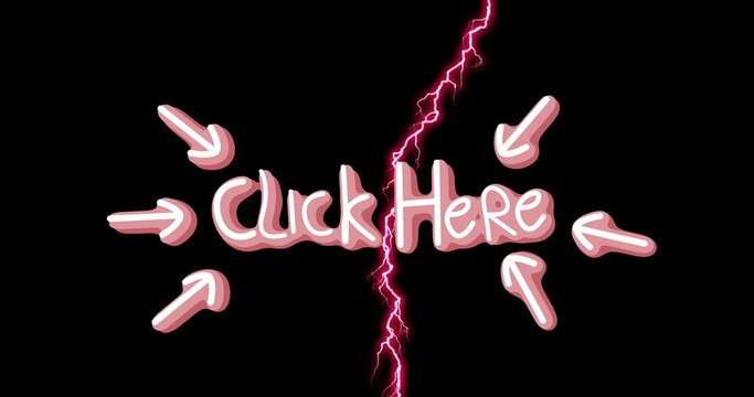 Featuring bubble-style pink Click Here text on black background, with six 3D arrows and neon bolt