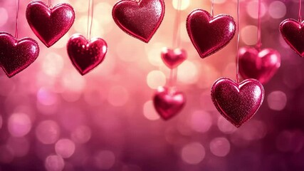 Poster - Colorful abstract motion background with hanging sparkling hearts for festive occasions, Abstract motion defocused background, colorful festive bokeh in blue