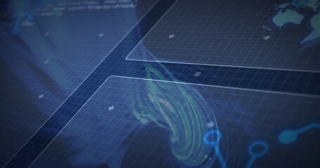 Aufkleber - Central swirling contours animating on digital panels with world map and data flows